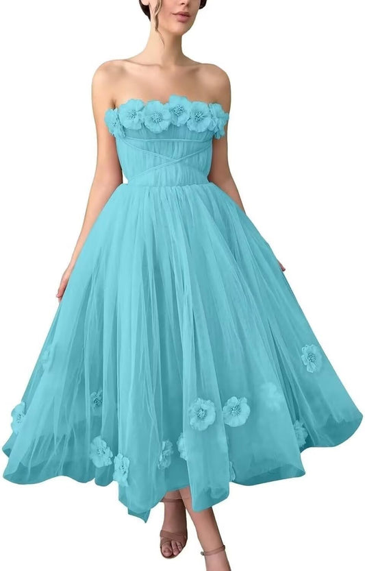 Women's 3D Flower Off Shoulder Tea Length Whimsical Prom Dress, A Line Strapless Tulle Formal Evening Party Gown