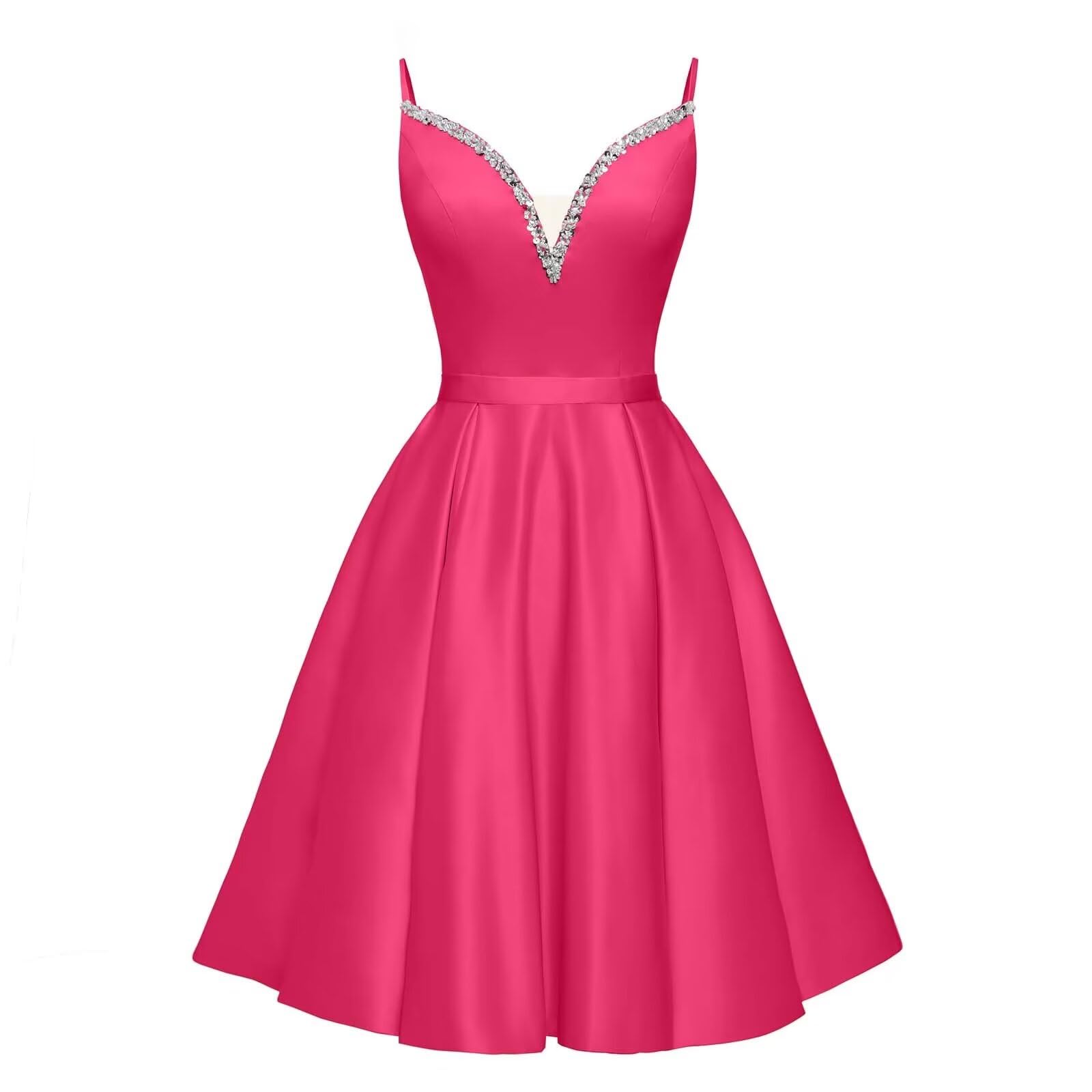 Spaghetti Straps Satin Homecoming Dresses for Teens V-Neck Short Prom Dress A-Line Beaded Cocktail Party Gowns