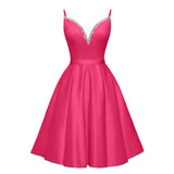 Spaghetti Straps Satin Homecoming Dresses for Teens V-Neck Short Prom Dress A-Line Beaded Cocktail Party Gowns