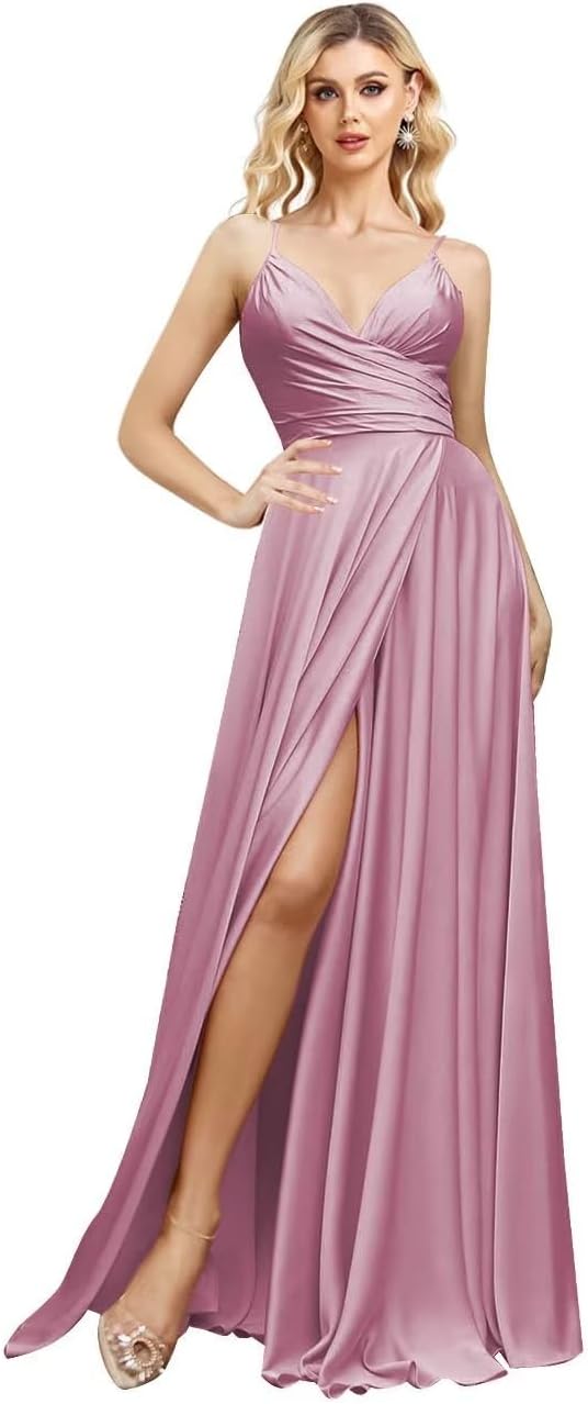 V Neck Satin Bridesmaid Dresses Spaghetti Straps Prom Dress Slit Wedding Formal Evening Party Dress
