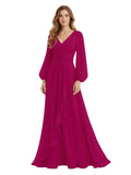 Women's Chiffon Bridesmaid Dresses Long Sleeve Ruffles V-Neck Pleated Formal Wedding Guest Dresses Mother of the bride Dress
