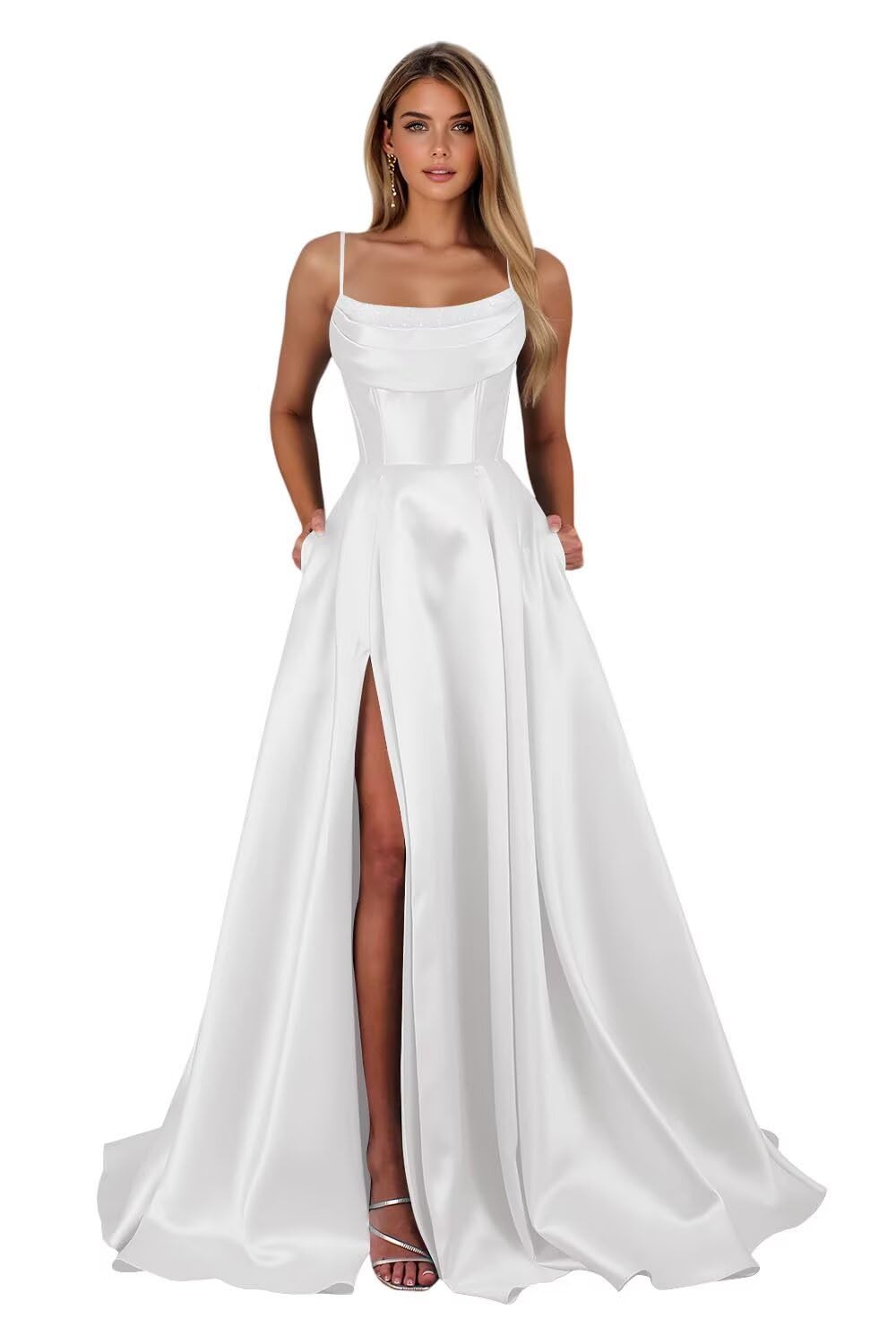 Satin Prom Dresses for Teens Long A-Line Cowl Neck Formal Evening Gown with Slit 2026 Maxi Ball Gowns