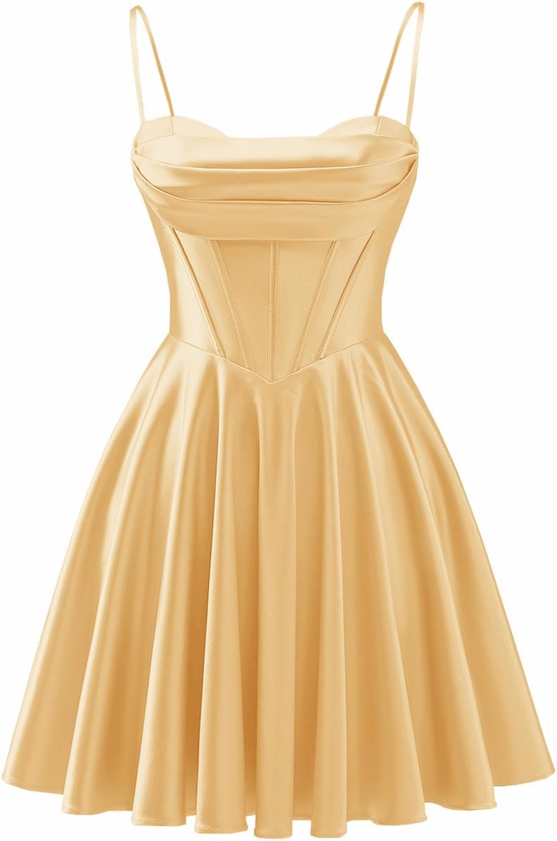 Spaghetti Straps Satin Homecoming Dresses for Teens Ruched Corset Short Prom Dresses 2026