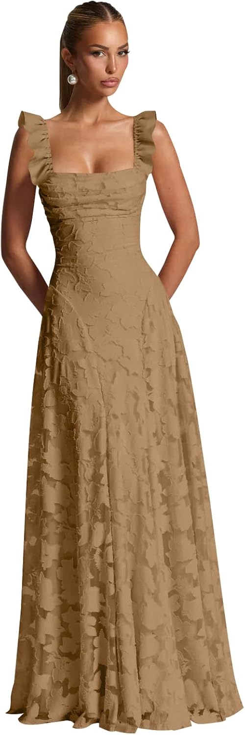 Ruched Jacquard Prom Dresses for Women Teens Ruffle Strap Floral Maxi Formal Dress Evening Gown