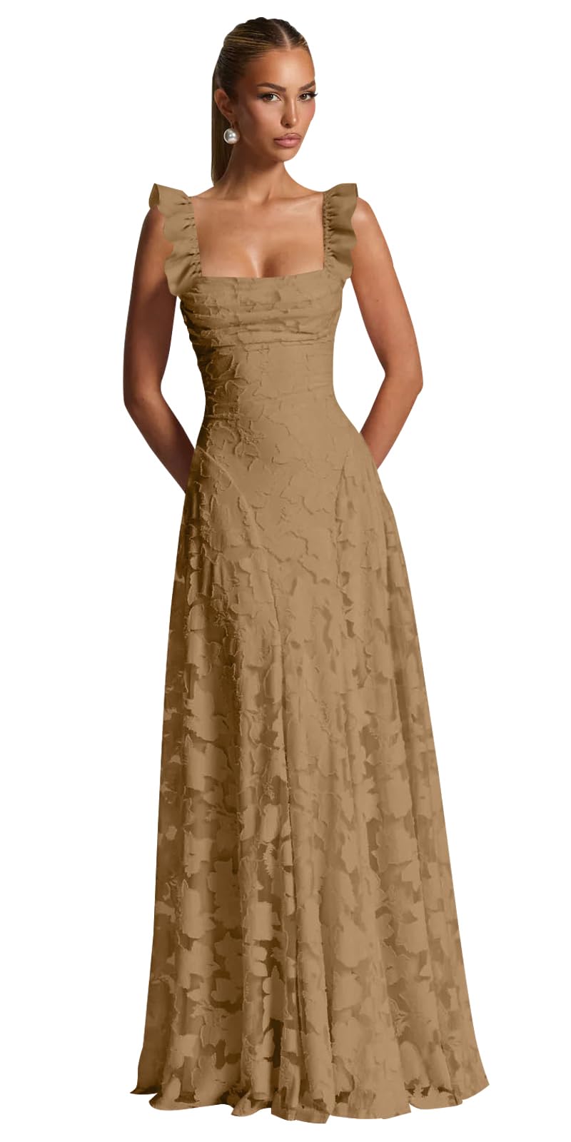 Ruched Jacquard Prom Dresses for Women Teens Ruffle Strap Floral Maxi Formal Dress Evening Gown