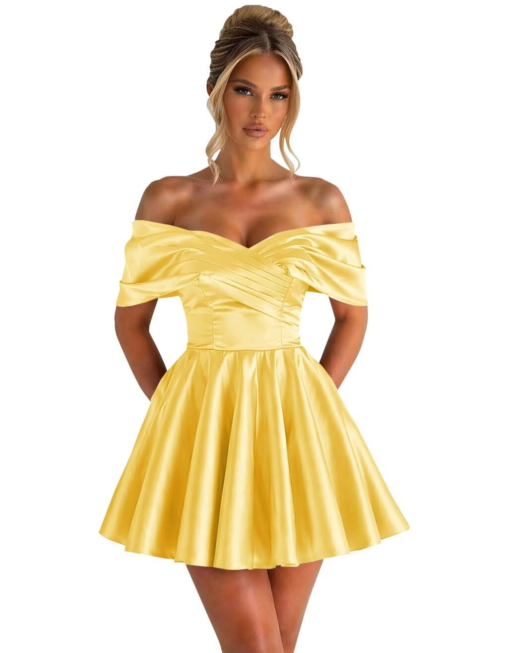 Off Shoulder Satin Homecoming Dresses for Teens 2026 Short Prom Dress A-line Pleated Cocktail Party Gowns