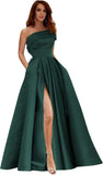 Women's One Shoulder Prom Dresses Long Satin Side Slit Formal Evening Gowns with Pockets