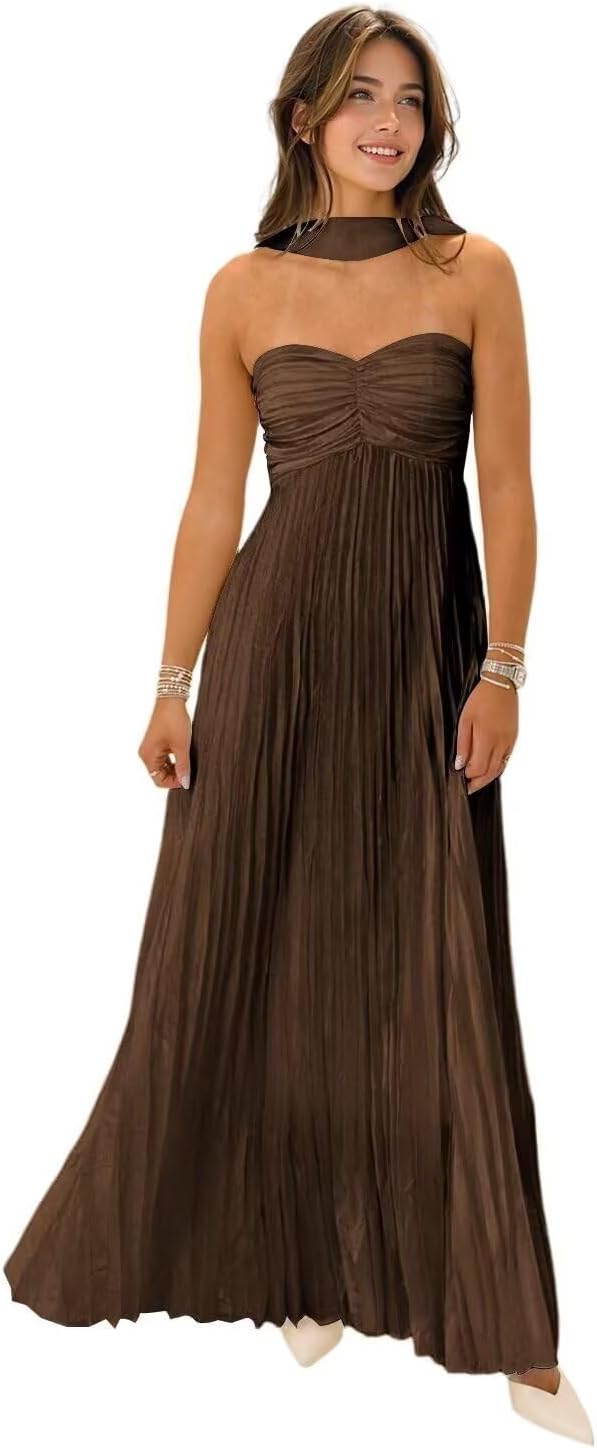 Women's Strapless Chiffon Bridesmaid Dresses with Scarf Long A-Line Pleated Formal Evening Dress
