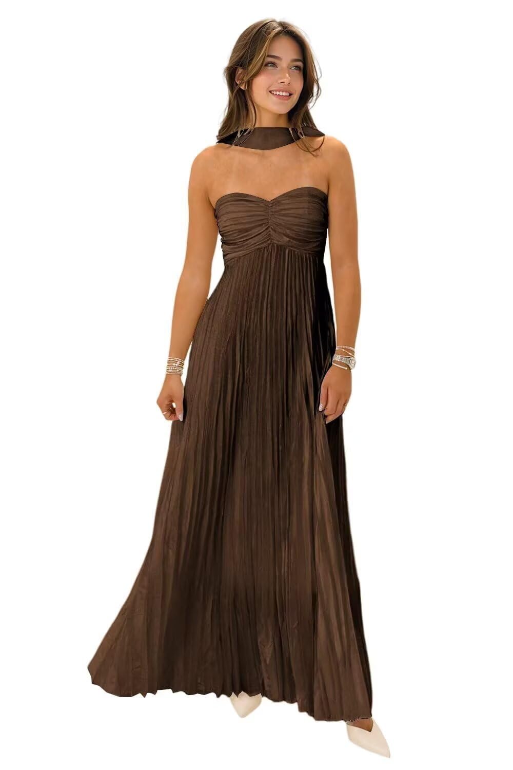 Women's Strapless Chiffon Bridesmaid Dresses with Scarf Long A-Line Pleated Formal Evening Dress