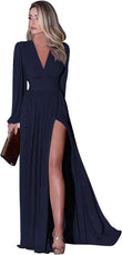 V Neck Long Sleeve Prom Dress with Slit Pleats Chiffon Formal Dress with Pockets for Wedding Party Navy Blue