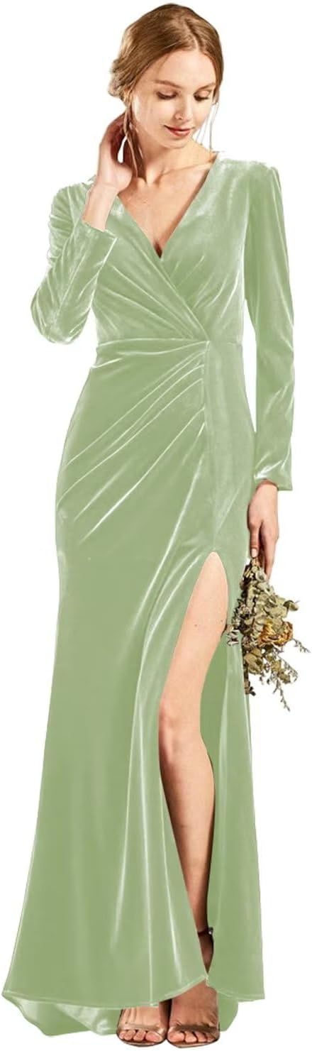 Langärmliges Brautjungfernkleid aus Samt mit Schlitz, V-Ausschnitt, Meerjungfrau-Stil, formelles Kleid für Damen