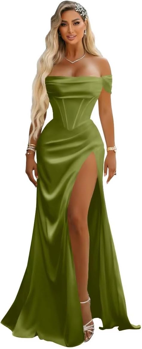 Off Shoulder Mermaid Prom Dresses with Slit 2027 Long Satin Pleated Formal Dress for Women Evening Party