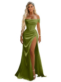 Off Shoulder Mermaid Prom Dresses with Slit 2027 Long Satin Pleated Formal Dress for Women Evening Party
