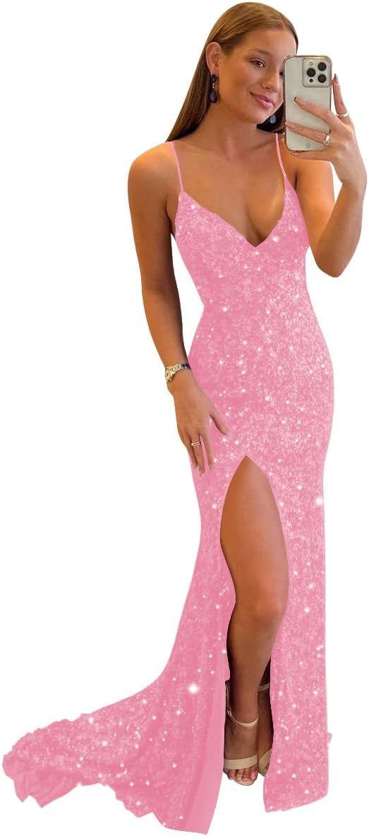 Women's Sequin Mermaid Prom Dresses with Slit Glitter Criss-Cross Long Formal Evening Gowns