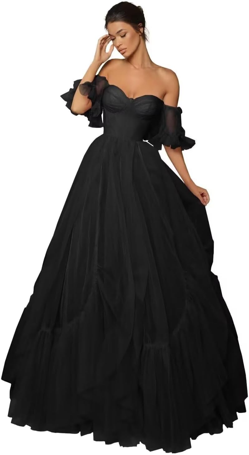 A-line Ruffled Short Sleeve Tulle Prom Dress for Women, Sweetheart Formal Gown Off The Shoulder Long Party Dress