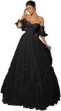 A-line Ruffled Short Sleeve Tulle Prom Dress for Women, Sweetheart Formal Gown Off The Shoulder Long Party Dress