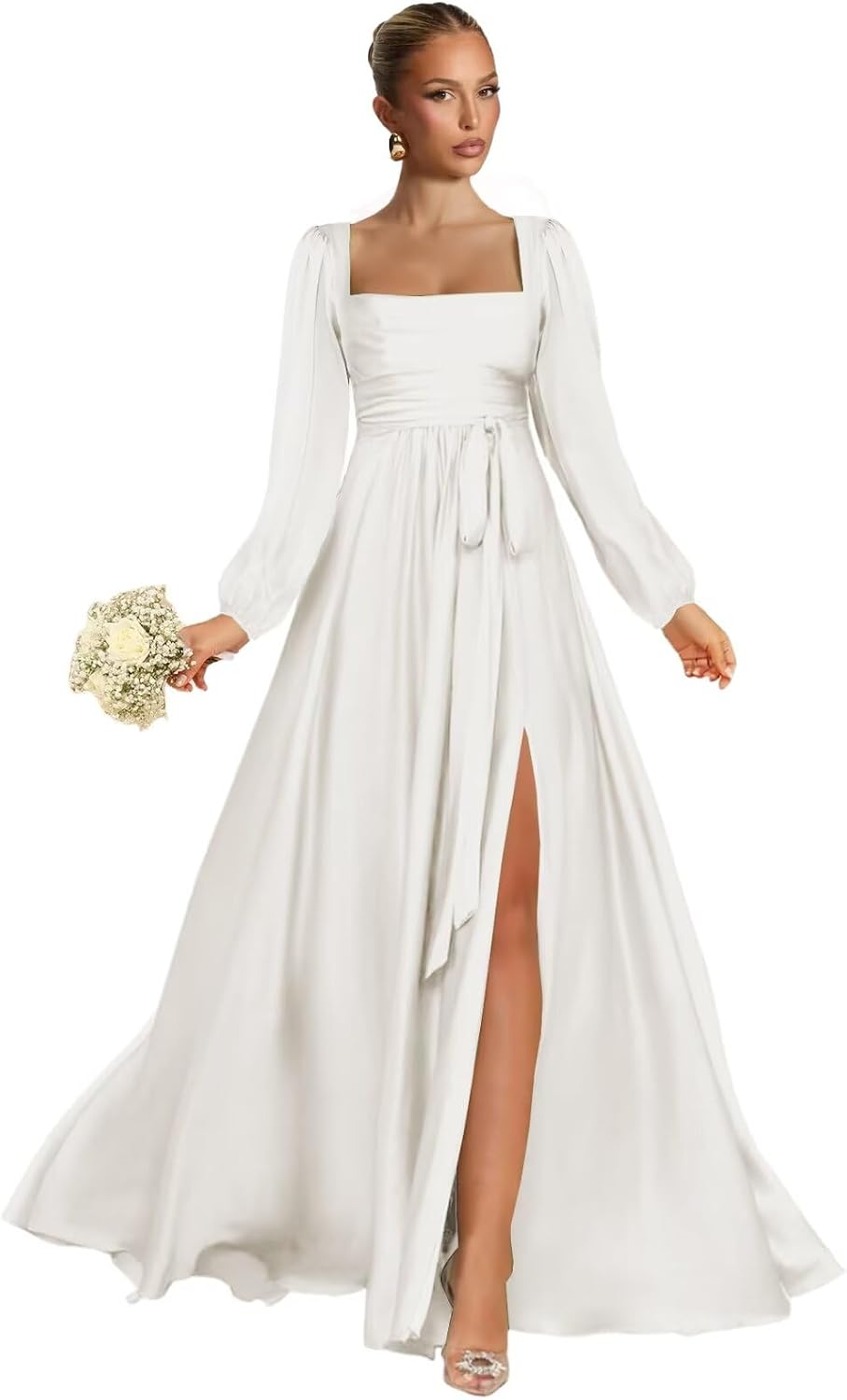 Satin Bridesmaid Dresses with Slit Long Sleeve Square Neck A Line Maxi Formal Dress