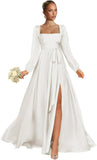 Satin Bridesmaid Dresses with Slit Long Sleeve Square Neck A Line Maxi Formal Dress
