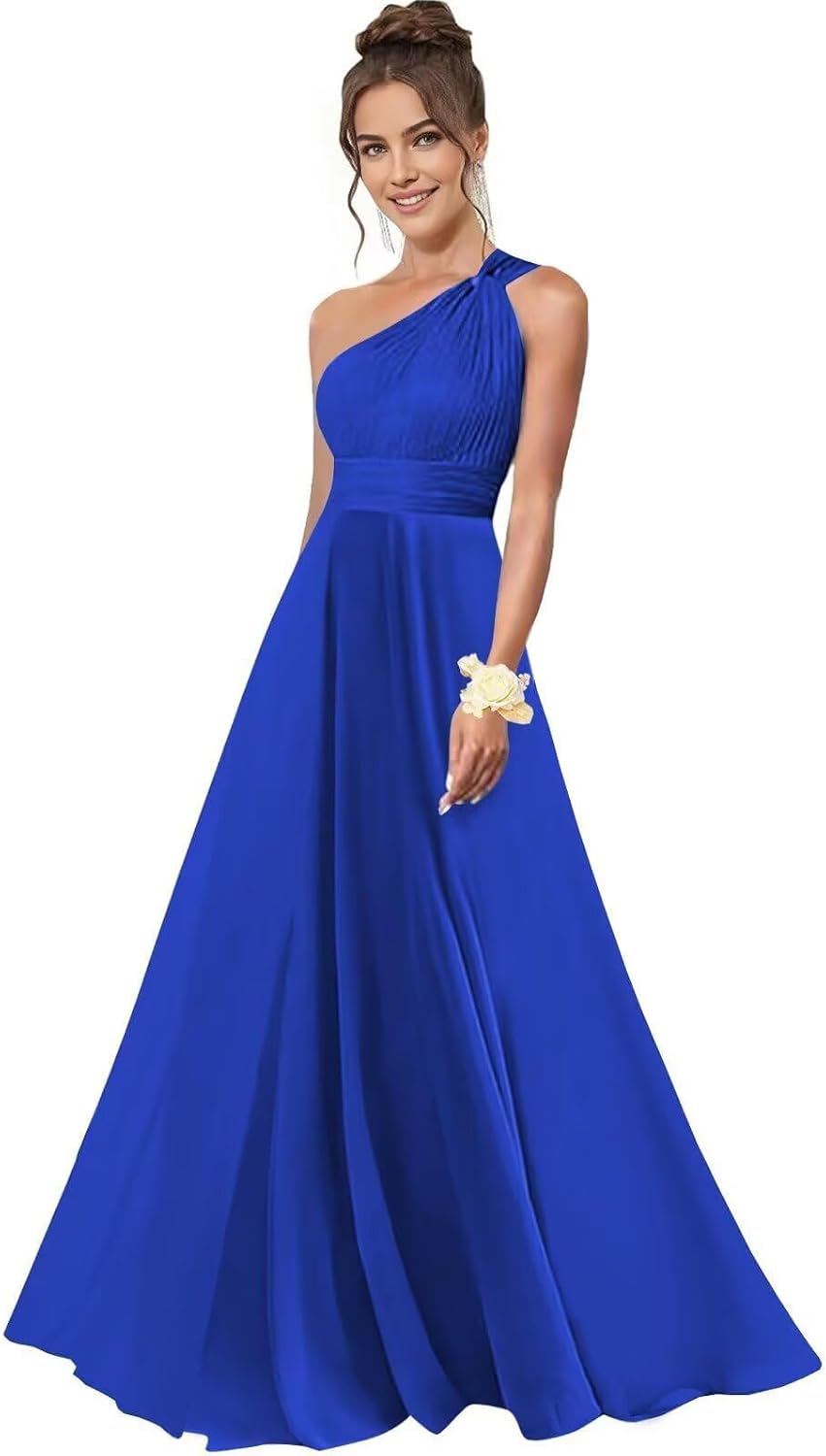 One Shoulder Bridesmaid Dresses for Women Chiffon A Line Pleated Long Formal Gowns with Pockets
