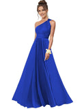 One Shoulder Bridesmaid Dresses for Women Chiffon A Line Pleated Long Formal Gowns with Pockets