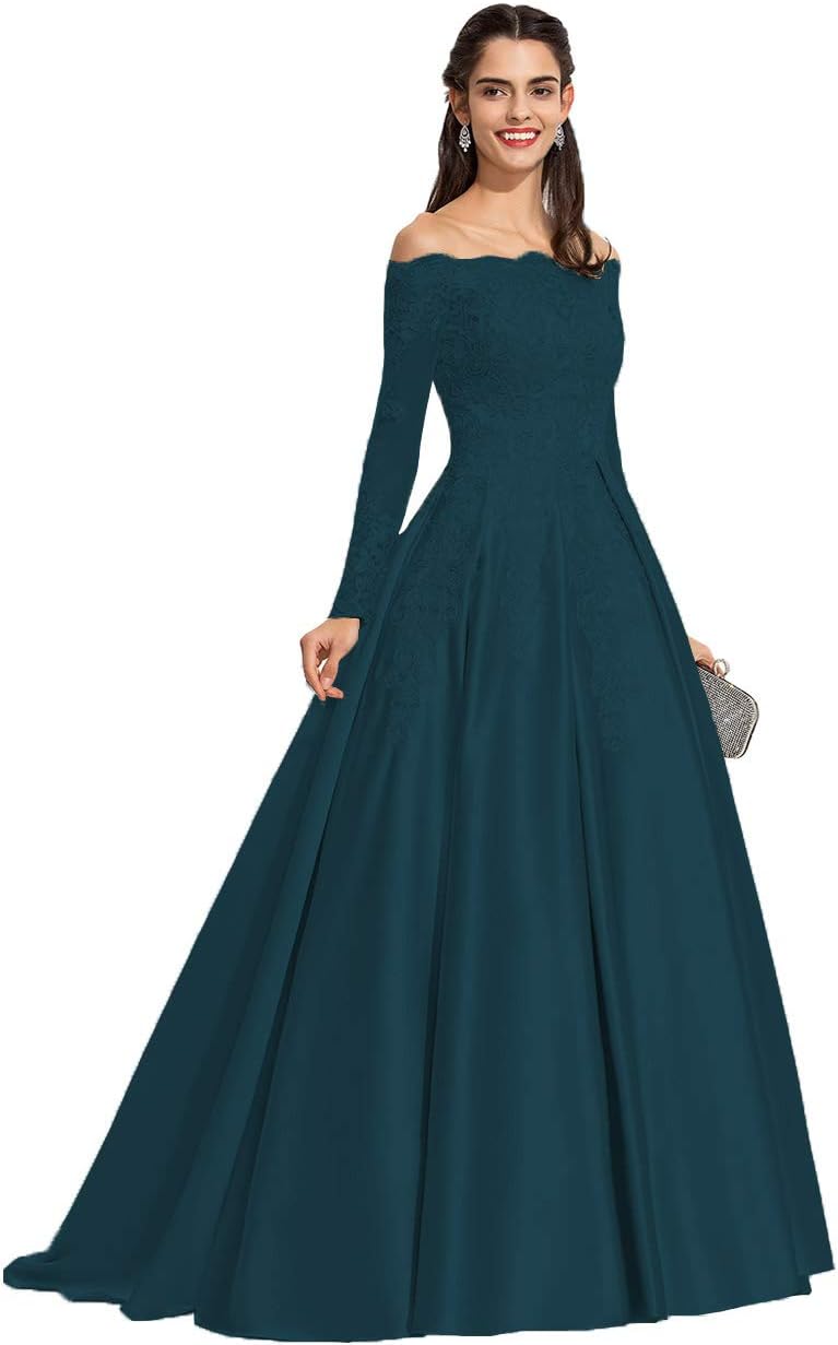 Vestidos de fiesta formales de satén con apliques de encaje y hombros descubiertos para mujer, con mangas largas