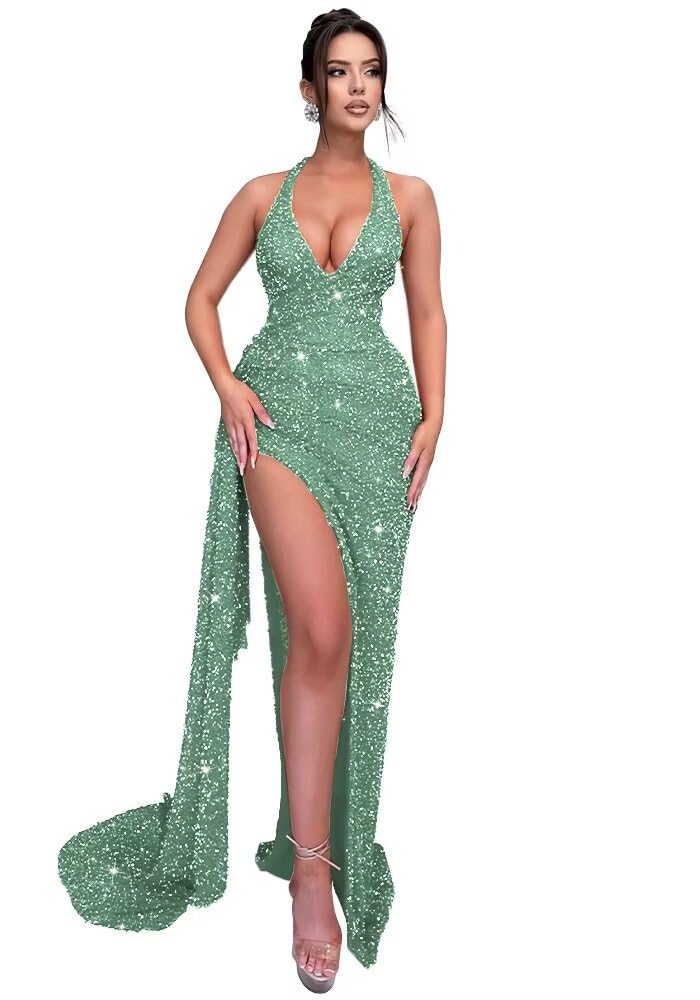Sparkly Sequin Halter Prom Dresses for Women Mermaid Formal Dress with Slit Backless Ruched Evening Party Gowns