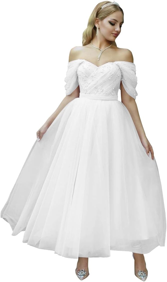 Tulle Tea Length Prom Dresses for Women Off The Shoulder Ball Gowns Teens Sweetheart Beaded Puffy Princess Dress