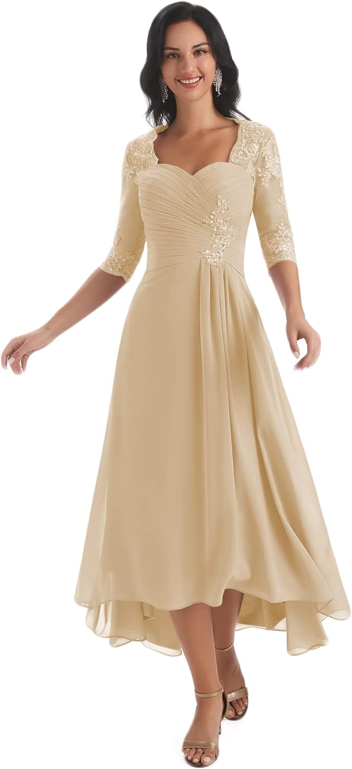 Women's Tea Length Mother of The Bride Dresses for Wedding Short Sleeves Lace Applique Formal Evening Prom Gowns