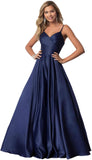 Spaghetti Straps Satin Prom Dresses for Women Long with Pockets Pleated Formal Evening Gowns