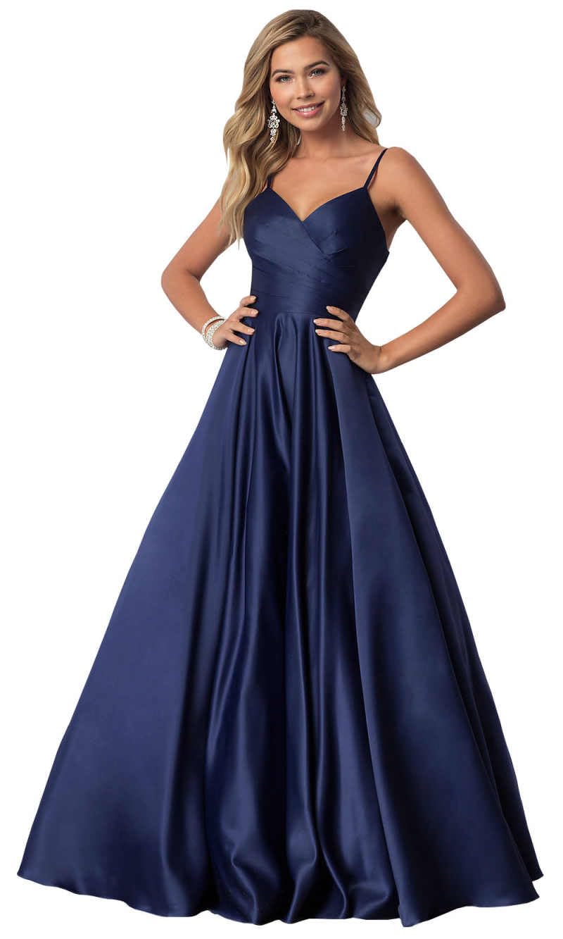 Spaghetti Straps Satin Prom Dresses for Women Long with Pockets Pleated Formal Evening Gowns