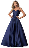 Spaghetti Straps Satin Prom Dresses for Women Long with Pockets Pleated Formal Evening Gowns