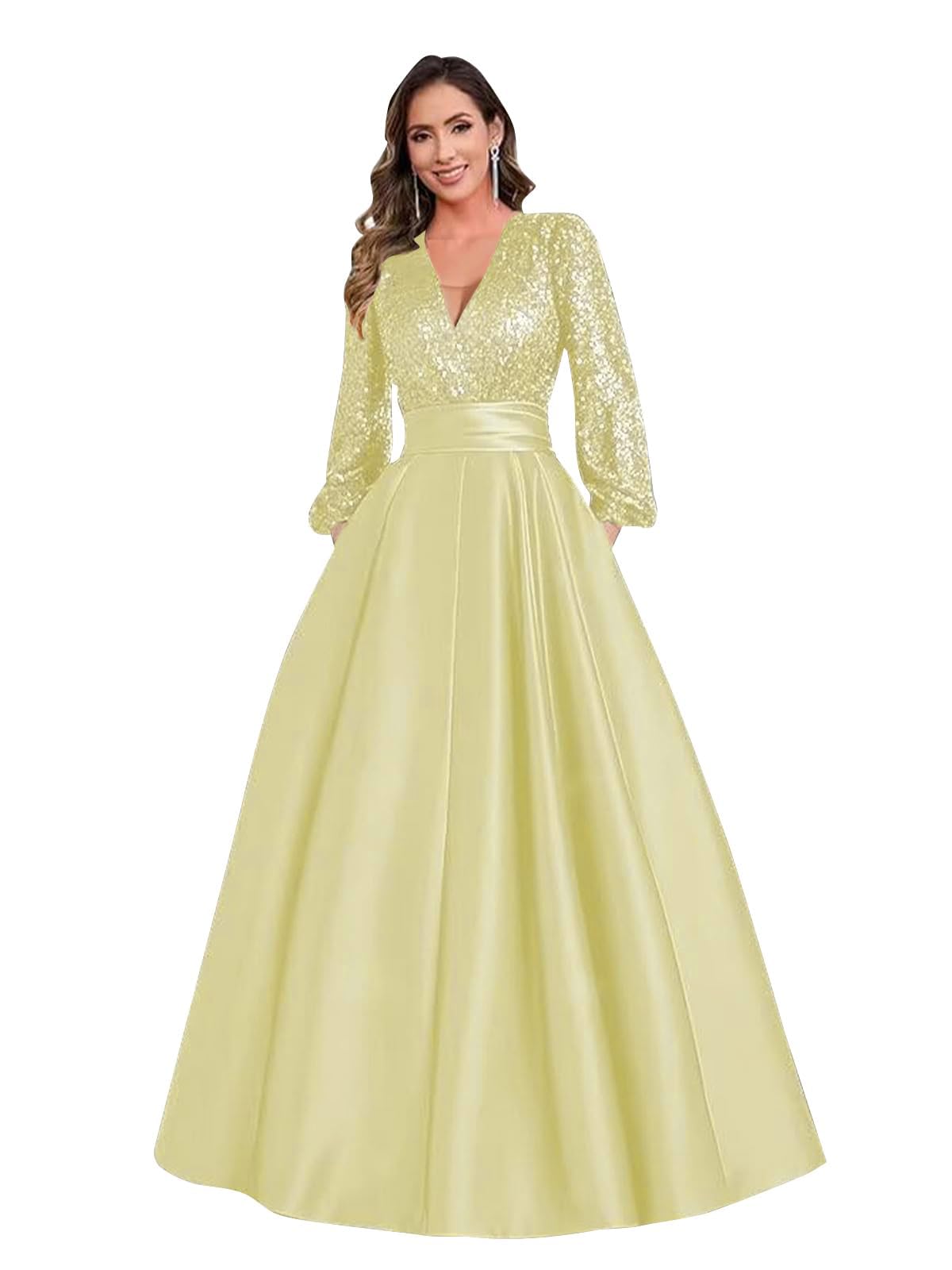 Satin Mother of Bride Dresses Long for Women Sequin Long Sleeve Evening Gown with Pockets