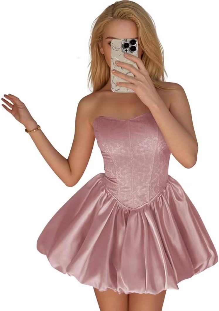 Strapless Satin Homecoming Dresses for Teens Jacquard Short Prom Dress A-line Cocktail Party Gowns with Pockets