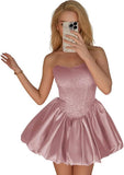 Strapless Satin Homecoming Dresses for Teens Jacquard Short Prom Dress A-line Cocktail Party Gowns with Pockets