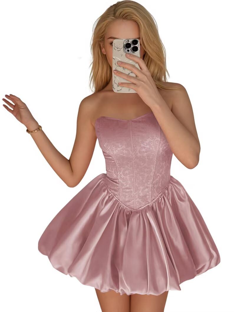 Strapless Satin Homecoming Dresses for Teens Jacquard Short Prom Dress A-line Cocktail Party Gowns with Pockets