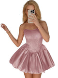 Strapless Satin Homecoming Dresses for Teens Jacquard Short Prom Dress A-line Cocktail Party Gowns with Pockets