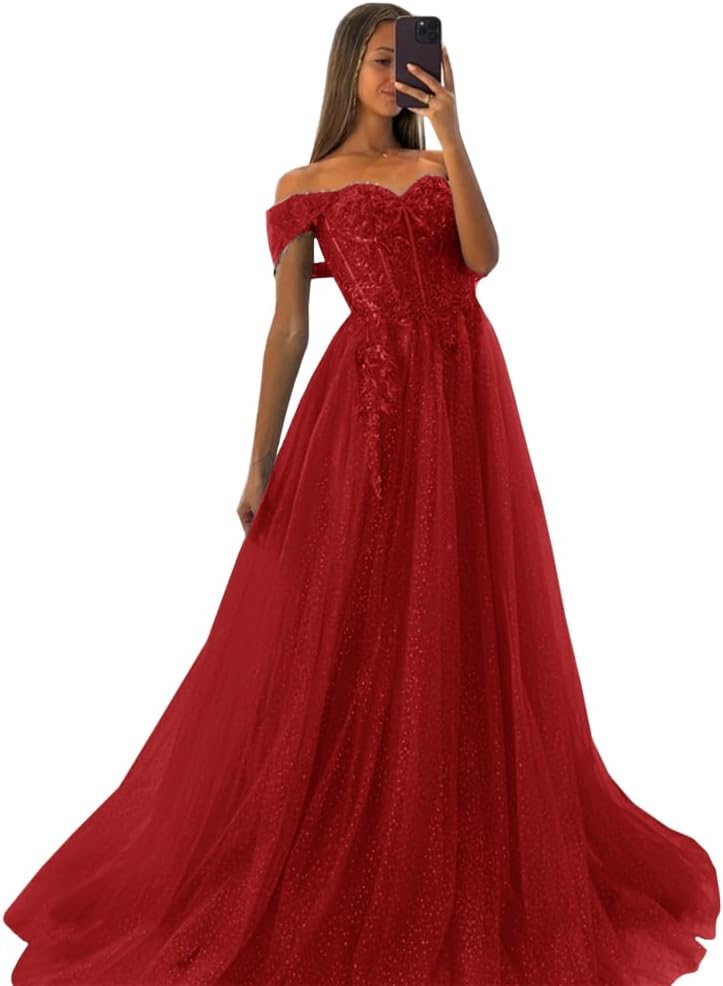 Off The Shoulder Tulle Prom Dresses 2027 Lace Applique A Line Long Sparkly Formal Evening Party Gowns