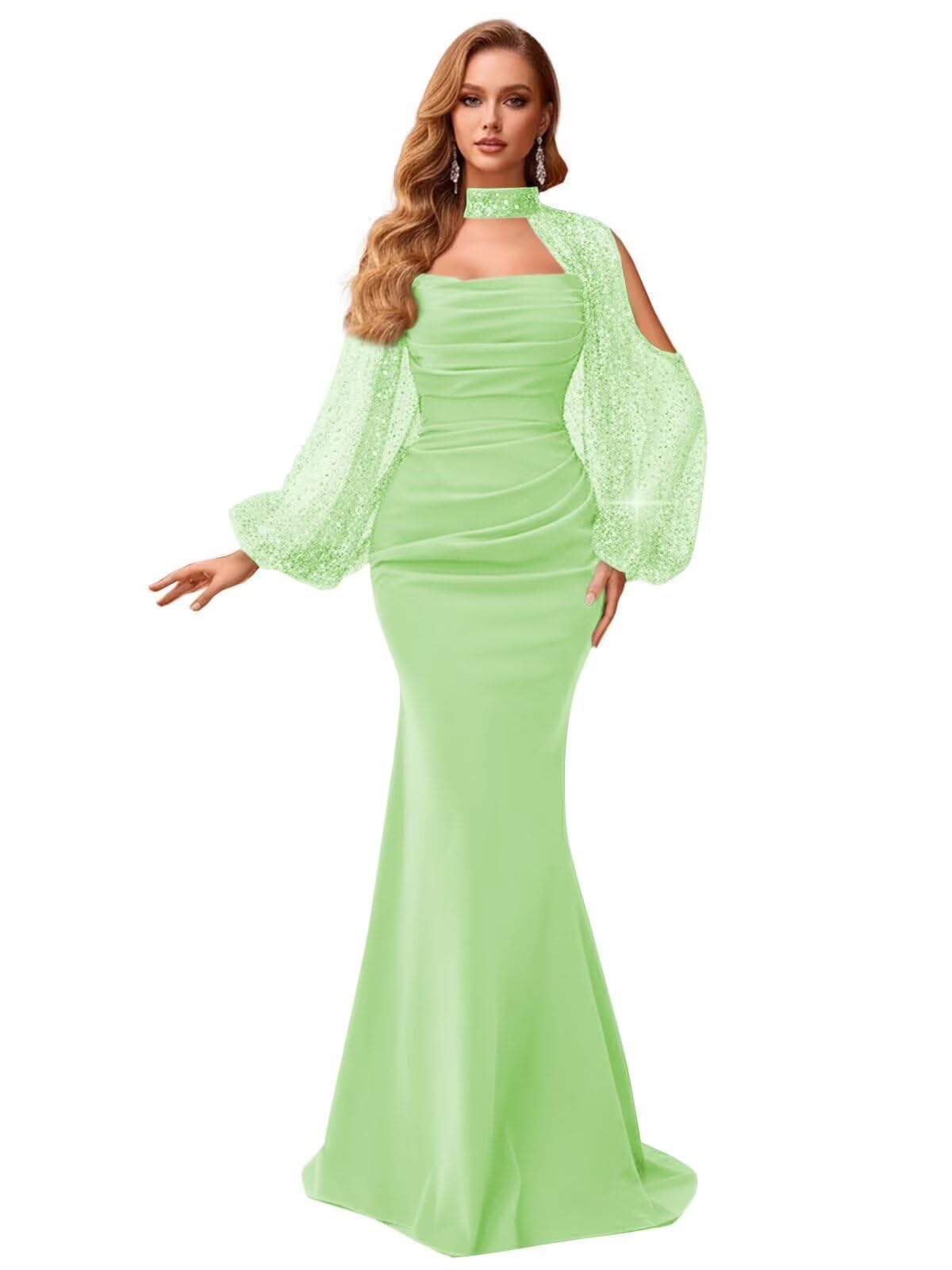 Kingbridal Gowns Long Sleeve Prom Dresses 2026 Mermaid Satin Formal Dress for Women Sparkly Sequin Halter Neck Evening Party Gowns