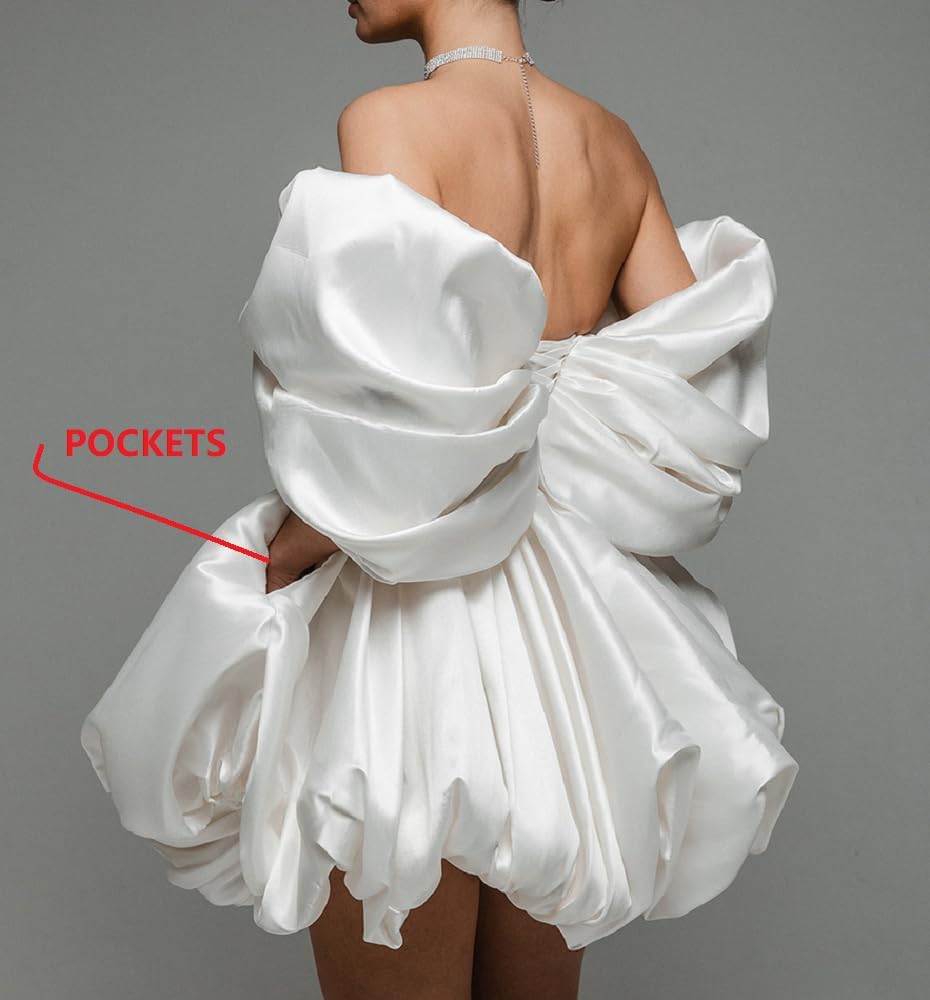 Off The Shoulder Short Wedding Dresses for Bride Puffy Satin Bridal Dresses w/Pockets Strapless Formal Ball Gowns