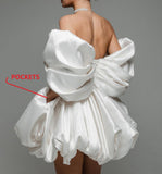 Off The Shoulder Short Wedding Dresses for Bride Puffy Satin Bridal Dresses w/Pockets Strapless Formal Ball Gowns