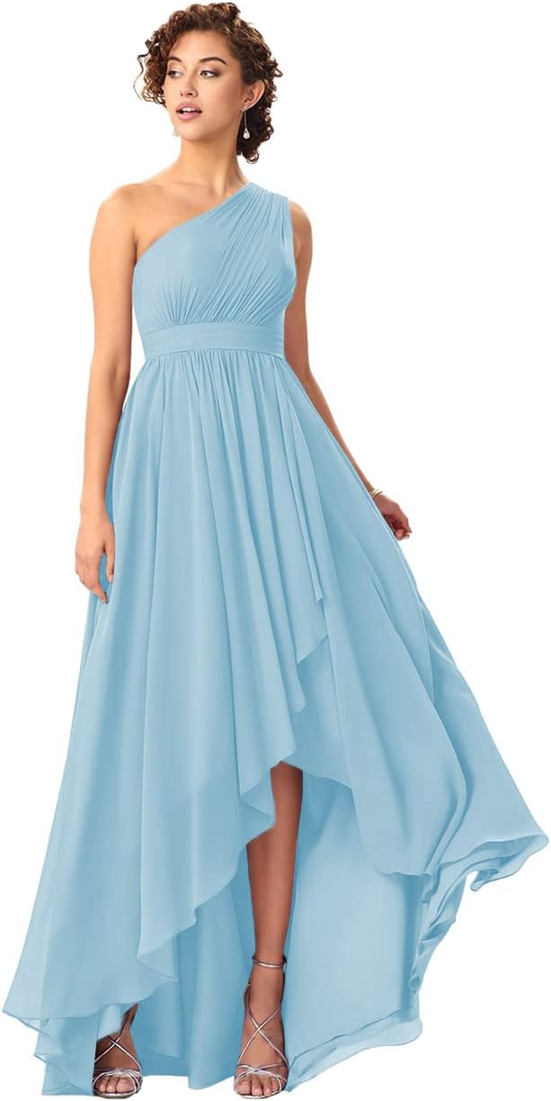 Women's One Shoulder Bridesmaid Dresses High Low Chiffon Formal Party Gowns with Pockets