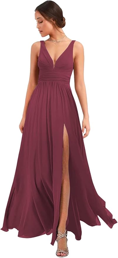 Women's Deep V Neck Bridesmaid Dresses with Slit Chiffon Pleats A Line Formal Party Dresses with Pockets