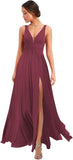 Women's Deep V Neck Bridesmaid Dresses with Slit Chiffon Pleats A Line Formal Party Dresses with Pockets