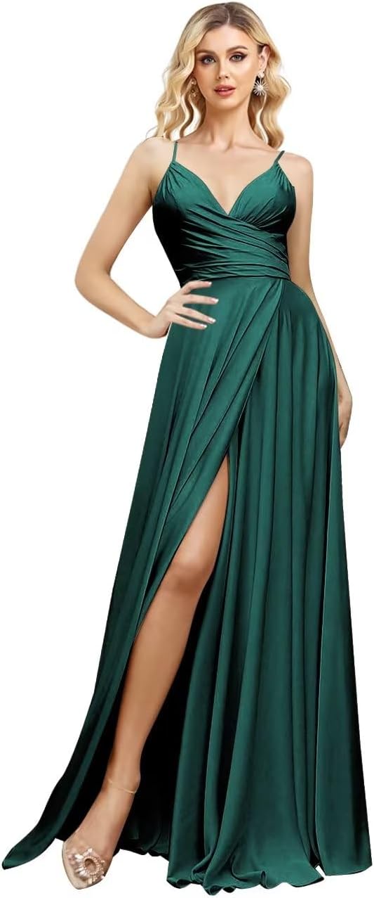 V Neck Satin Bridesmaid Dresses Spaghetti Straps Prom Dress Slit Wedding Formal Evening Party Dress