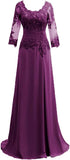 Women's Lace Appliqued Mother of The Bride Dresses 3/4 Sleeves Scoop Long Formal Evening Dress