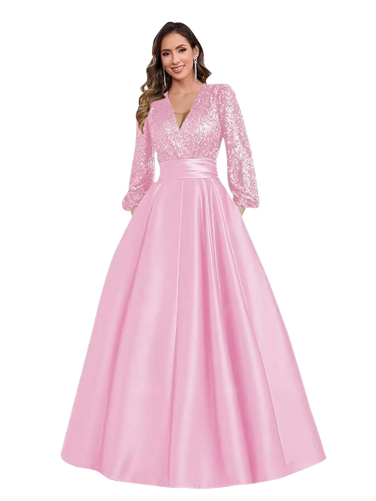 Satin Mother of Bride Dresses Long for Women Sequin Long Sleeve Evening Gown with Pockets