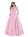 Satin Mother of Bride Dresses Long for Women Sequin Long Sleeve Evening Gown with Pockets