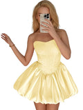 Strapless Satin Homecoming Dresses for Teens Jacquard Short Prom Dress A-line Cocktail Party Gowns with Pockets