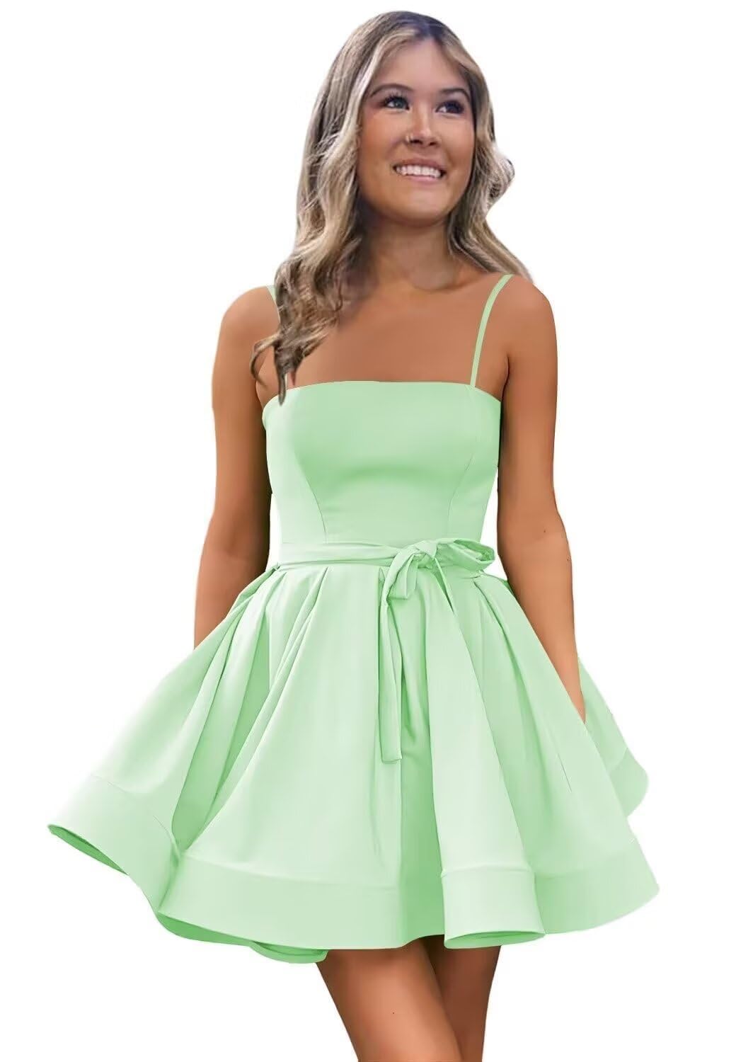 Women’s Short Satin Spaghetti Straps Formal Homecoming Dresses A Line Corset Puffy Prom Gown with Pockets for Teens