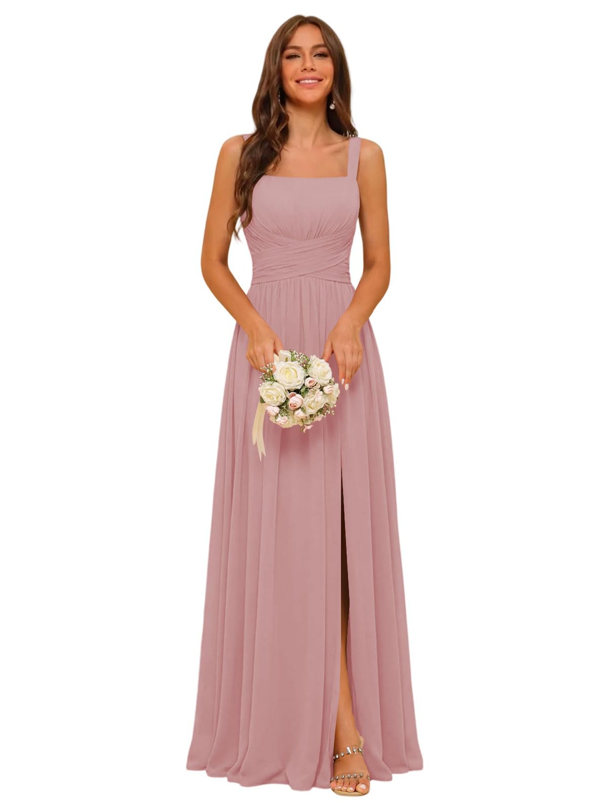 Square Neck Bridesmaid Dress Spaghetti Straps Chiffon Long Formal Dress for Women